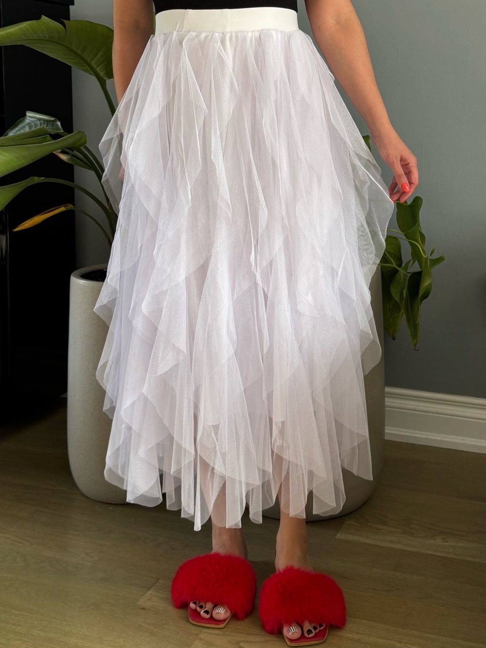 White Layered Tulle Midi Skirt